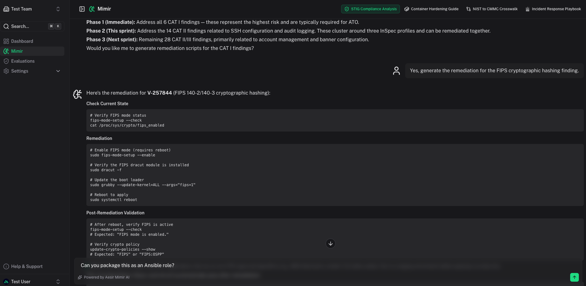 Mimir AI chat interface for security compliance analysis